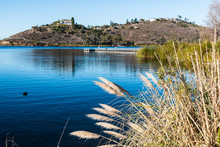 Lake Murray Reservoir And Floating Fishing Pier As Part Of Mission Trails Regional Park In San Diego, California.  