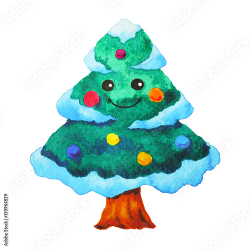 Cute Christmas Tree Watercolor Painting Hand Drawing