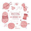 Knitting doodle icons set. Icons and logos set for sewing and knitting studio. Knitting and crochet set of icons. Hand drawn knitting collection.