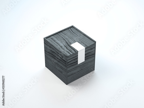 Download Square Black wooden box mockup with silver sticker on ...
