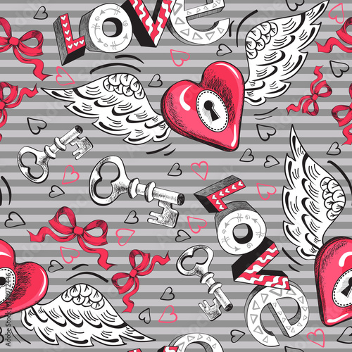 Cotton fabric Valentine's Day winged heart seamless pattern