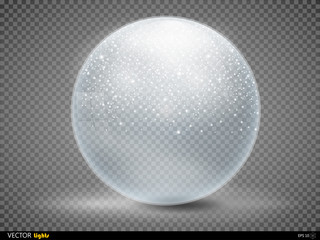 Christmas snow globe isolated on transparent checkered background vector illustration. Winter in glass ball, crystal dome with snowflake