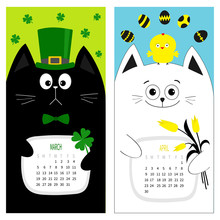 Cat Calendar 2017. Cute Funny Cartoon Character Set. March April Spring Month. Green Hat Tye Bow Chicken Egg. Hanging Clover Leaf, Tulip Flower. Happy Patricks Day Easter Flat Design. Color Background