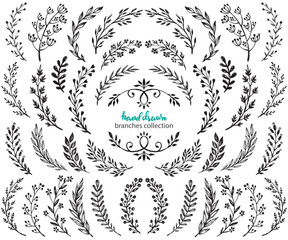 Wall Mural - Big set of hand drawn vector flowers and branches with leaves, berries.
