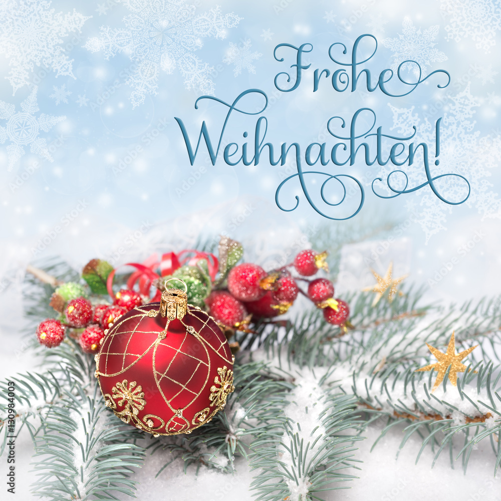 Red Christmas decorations on neutral winter background, greeting \, image size:1000x1000