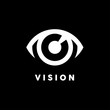 Abstract vision logo with white eye icon concept on black background. Vector illustration.