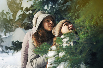 Two young Ukrainian girls standing together among spruce branches covered in snow in the park. The girls are wearing winter closes and are looking up at the tree in awe, surprise and amazement