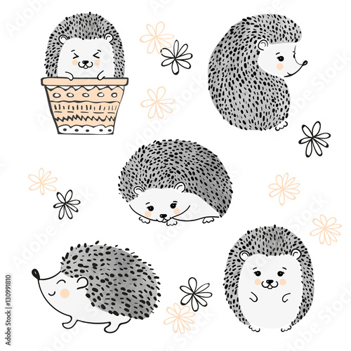 Fotografía Set of cute watercolor hedgehogs isolate on white