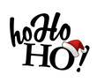 Isolated black Ho-ho-ho! text with Santa's red hat on white back