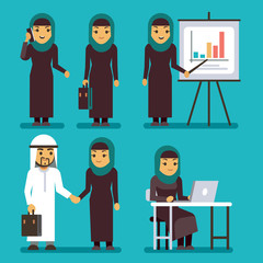 Sticker - Arab businesswoman vector characters set. Saudi, iranian women at work in office