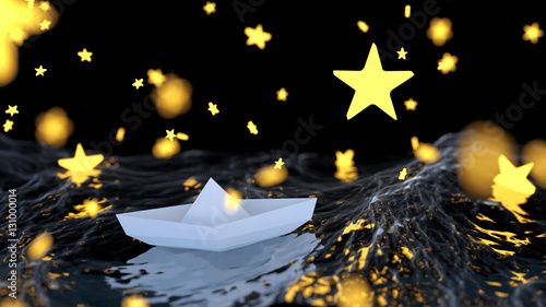 White Paper Boat Sailing In The Ocean With Meteor Rain Buy