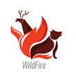 © Mangsaab - The danger of wildfire. Wild animals with fire. Flat design logo and icon. vector