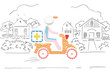 Help in road / Creative medicine and healthcare concept made of pills, drugs motorbike delivery, on sketchy country background. 