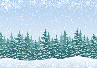 Christmas Holiday Seamless Horizontal Background, Winter Woodland Landscape with Spruce Fir Trees and White Snowflakes. Vector