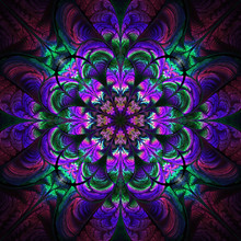 Abstract Flower Ornament On Black Background. Symmetric Fractal Pattern In Blue, Purple And Green Colors. Stylish Vintage Design For Wallpapers Or Textile. Digital Art. 3D Rendering.