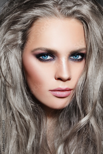 Close Up Portrait Of Young Beautiful Woman With Long Grey