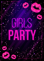 Vector girls night party poster illustration with shining pink lips.