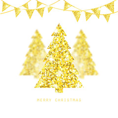 Canvas Print - Merry Christmas design. Golden Xmas trees with glitter bunting flags.