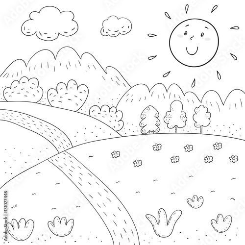 Download coloring book sunny meadow, mountains, trees design for kids - Buy this stock vector and explore ...