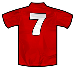 Number 7 seven red sport shirt as a soccer,hockey,basket,rugby, baseball, volley or football team t-shirt. Like Spain or England or Russia national team