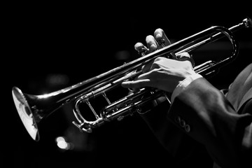 Wall Mural - Hands of the musician playing a trumpet closeup in black and white