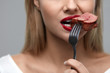 © puhhha - Woman Eating Food. Closeup Of Girl's Face Biting Meat Steak
