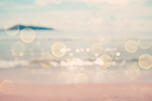 Blur Tropical Beach With Bokeh Sun Light Wave Abstract Background.
