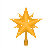 Christmas Gold Star For Tree. Decoration For Fir-tree Isolated.
