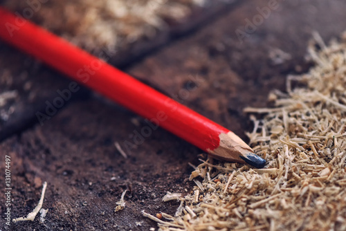 Fotografia, Obraz Red carpenter pencil on desk in workshop