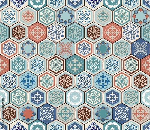 Tapeta ścienna na wymiar Vector Oriental seamless pattern. Realistic Vintage Moroccan, Portuguese hexagonal tiles. Patchwork background. Grunge effect can be removed