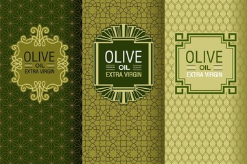 Elegant set of design elements, labels, icon, frames, seamless backgrounds for packaging olive oil emblems and bottles.