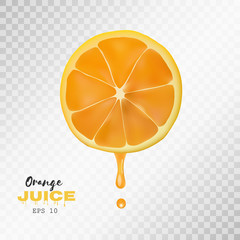 Wall Mural - Vector realistic sliced orange with drop of juice. Transparent background