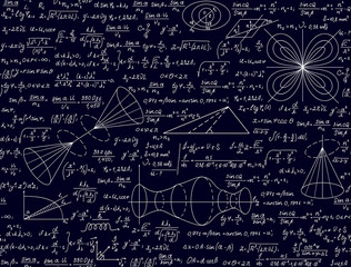 Wall Mural - mathematical scientific vector seamless texture with handwritten plots and formulas, physical calcul