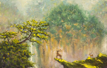 Original Oil Painting Of Deer On The Edge Of A Cliff In A Mountain Forest On Canvas. Modern Impressionism Art. Artwork.