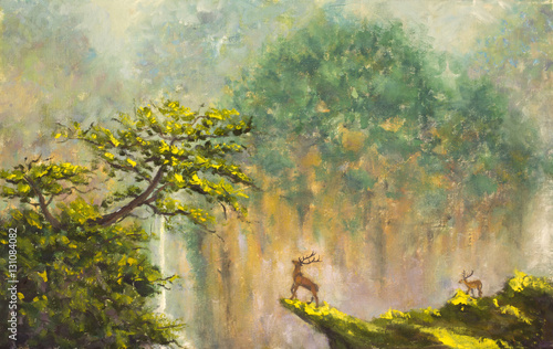 Zdjęcie XXL Oryginalny obraz olejny jelenia na skraju urwiska w górskim lesie na płótnie. Sztuka współczesnego impresjonizmu. Grafika.