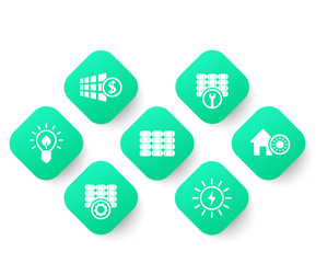 Wall Mural - Solar energy, panels, alternative energetics and renewable energy use icons set, green on white, vector illustration