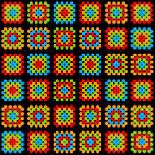 Colorful Granny Square Crochet Blanket Ornament On Black, Vector