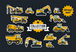 © kostymo - Collection of construction equipment. Special equipment. Objects circled white outline and isolated on a dark background. Excavators, bulldozers, cement mixers, crane truck, paver. Flat style