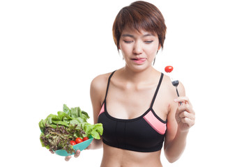 Sticker - Beautiful Asian healthy girl enjoy eating  salad.