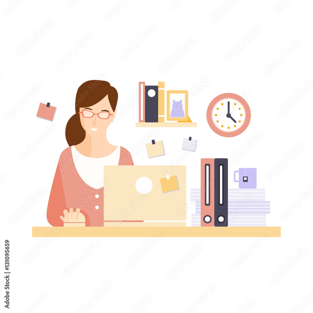 Content Woman Office Worker In Office Cubicle Having Her Daily Routine ...