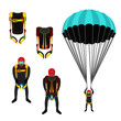 Skydiving school, academy set. Parachute pack, skydiver in flat style