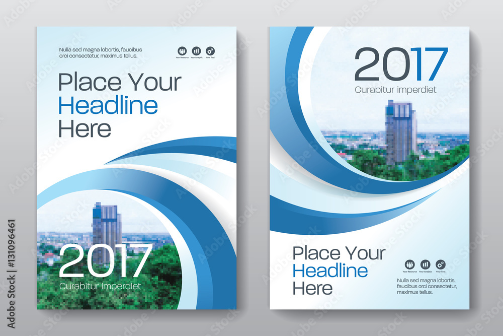 Blue Color Scheme with City Background Business Book Cover Design Template in A4. Easy to adapt to Brochure, Annual Report, Magazine, Poster, Corporate Presentation, Portfolio, Flyer, Banner, Website. - obrazy, fototapety, plakaty 