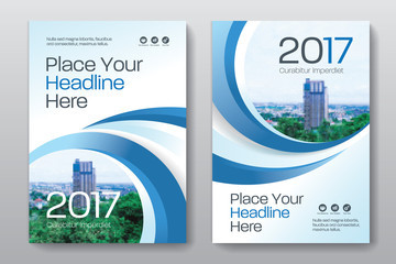 blue color scheme with city background business book cover design template in a4. easy to adapt to b