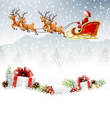 Wall Mural - Christmas background with Santa Clause riding his reindeer sleight