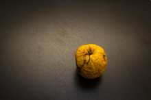 Yellow Rotten Apple With Hole On Dark Background, Or Wrinkled Apple