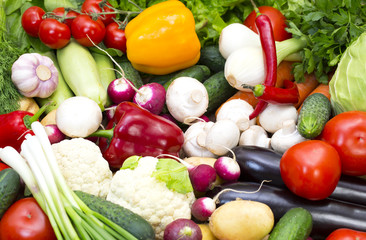  Background of fresh vegetables and greens closeup