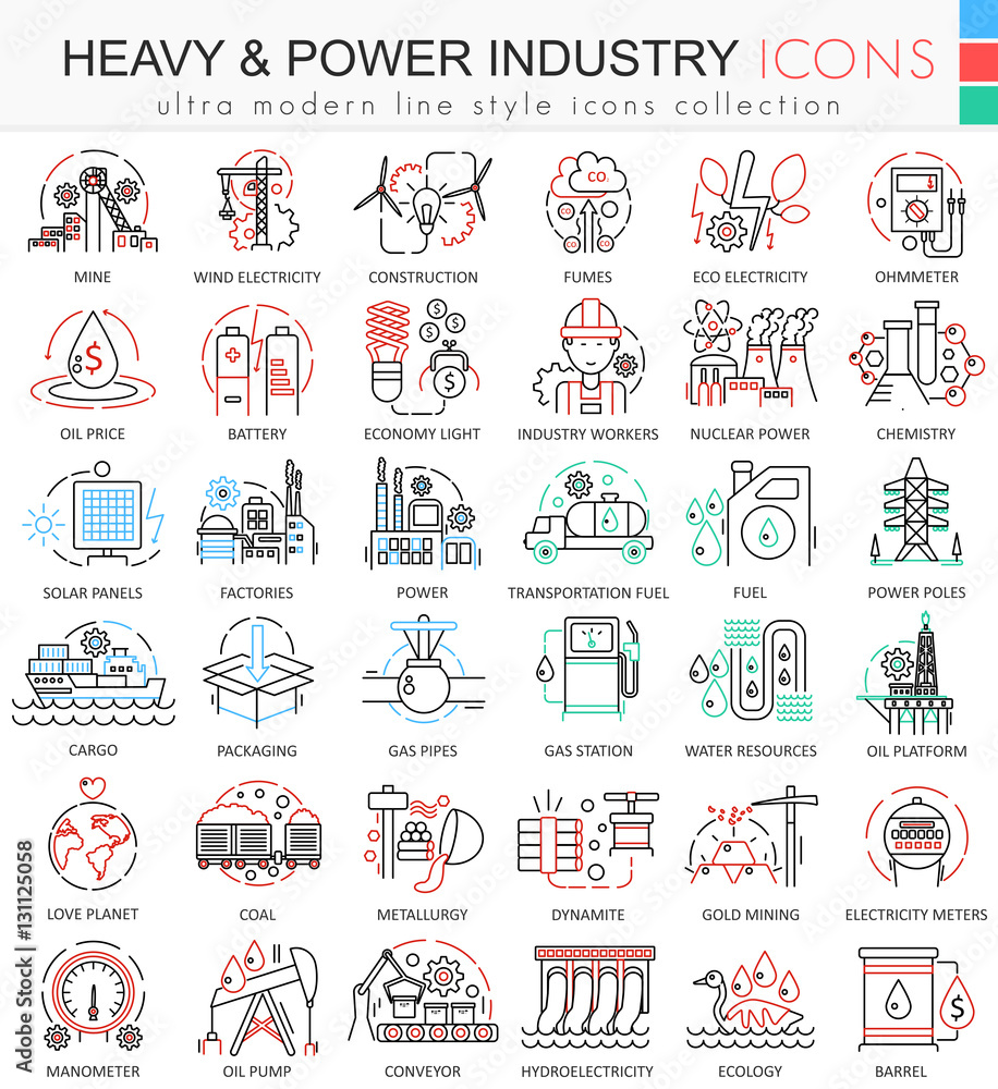 Vector Heavy and Power industry color line outline icons for apps and ...