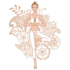 Wall Mural - Women silhouette. Yoga tree pose. Vrikshasana.