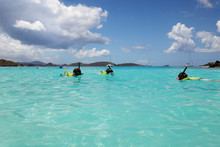 Young Girl Swims To Her Dad And Brother, Snorkeling In St. John