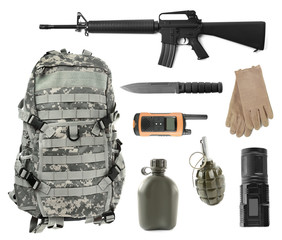 Set of military stuff on white background